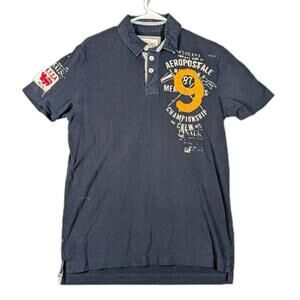 Aeropostale Mens Large Blue Graphic Logo Number Polo Shirt Casual Preppy VTG Y2K